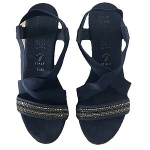 Italian Shoemakers Wedge Sandals Women 7.5 Navy Rhinestone Elastic Comfort Italy